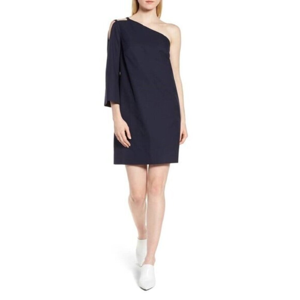 Lewit One Shoulder Tunic Navy Blue Cotton Twill Mini Dress SZ 6 New $199
